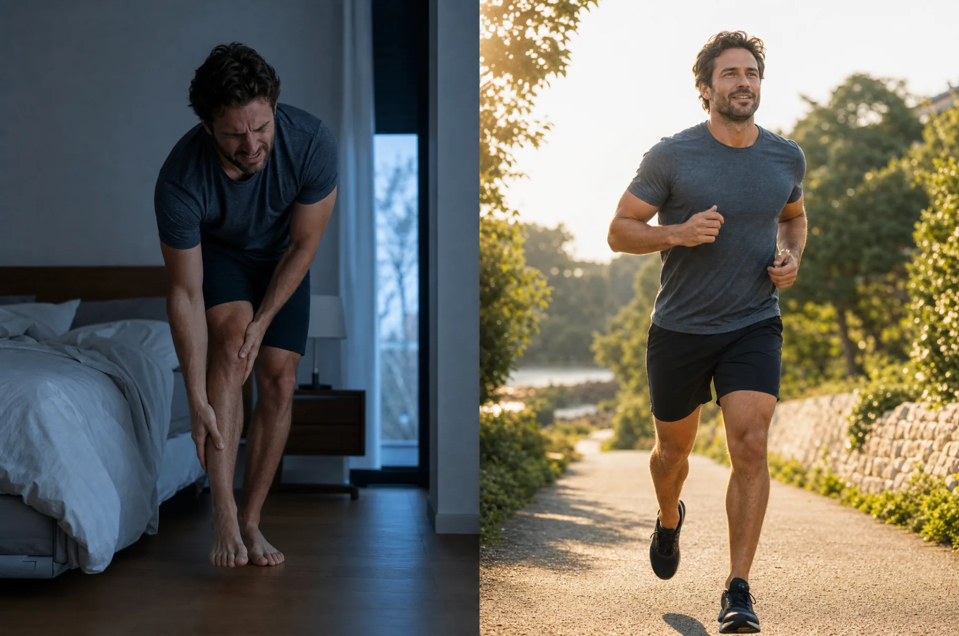 Before: runner wincing with heel pain in the morning. After: same runner running comfortably outdoors.
